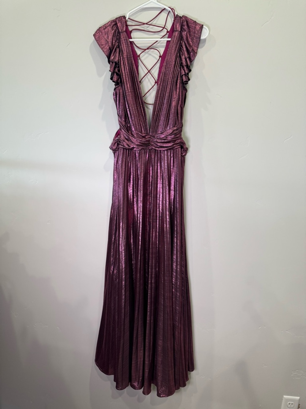 Ieena for Mac Duggal Ruffle Sleeve Metallic Gown Plum Pleated Gown - Picture 2 of 4